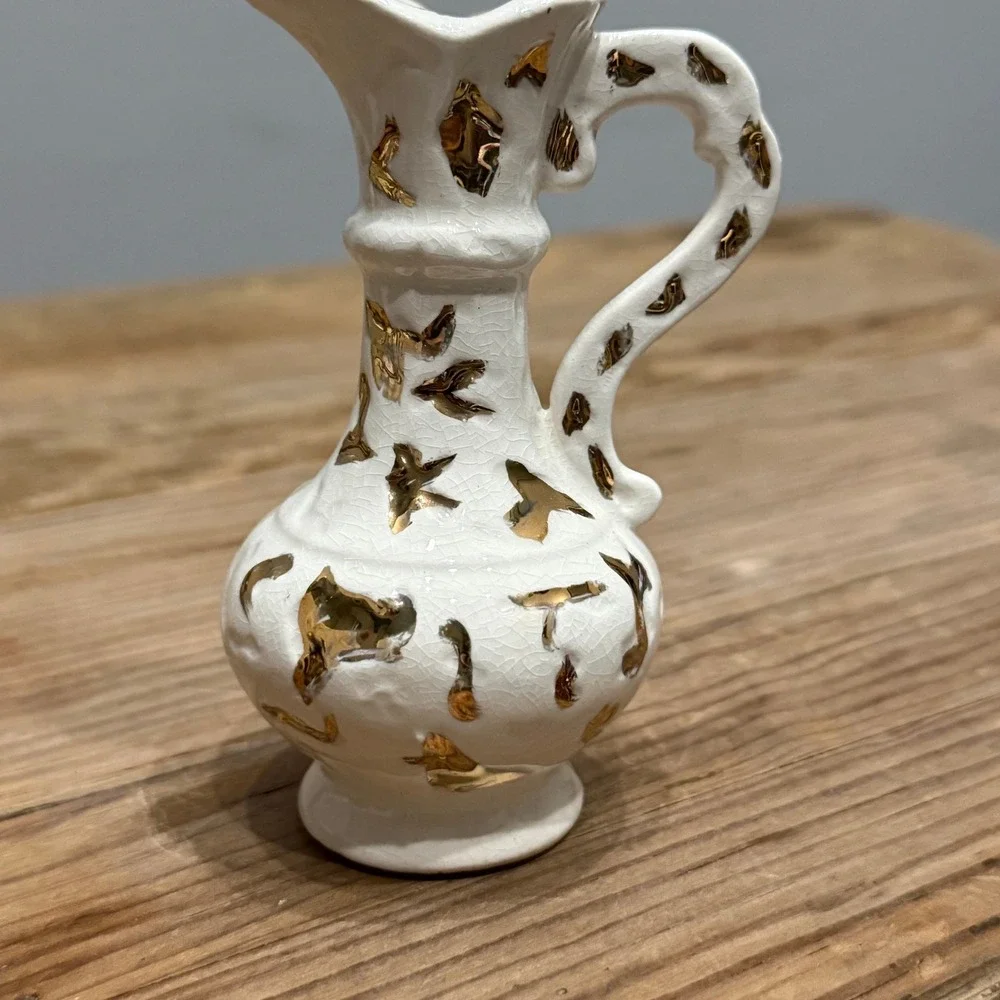 Vintage Antique Miniature White Crackle Glaze Ceramic Pitcher Gold Leaf Accents